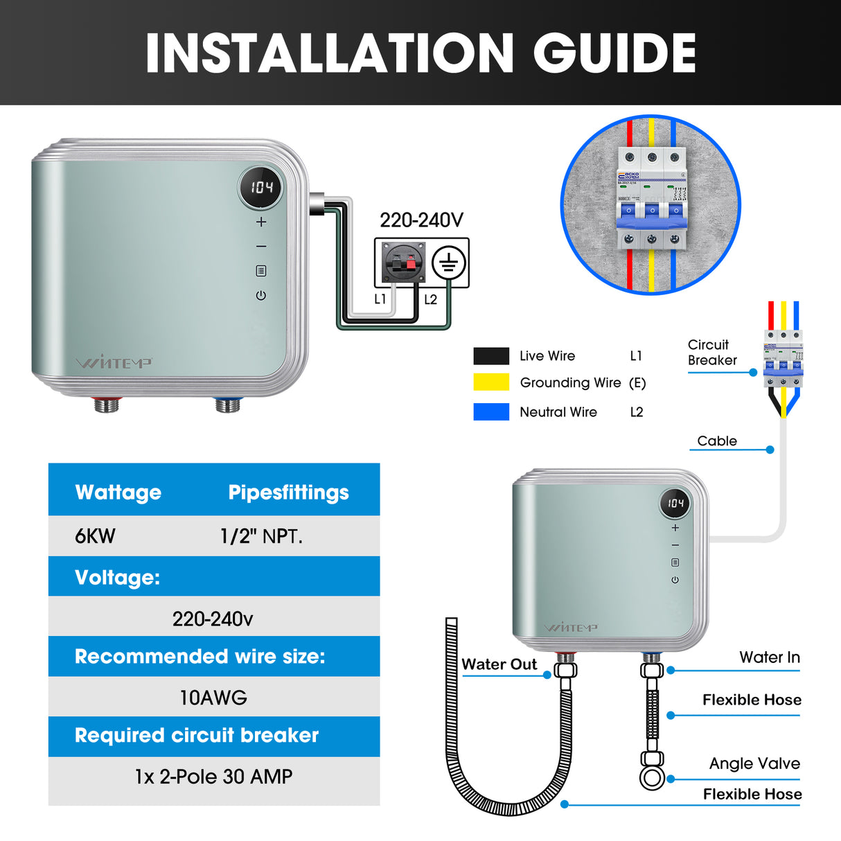 KFU65 Green 240V / 6.5KW Point-of-Use Electric Tankless Water Heater