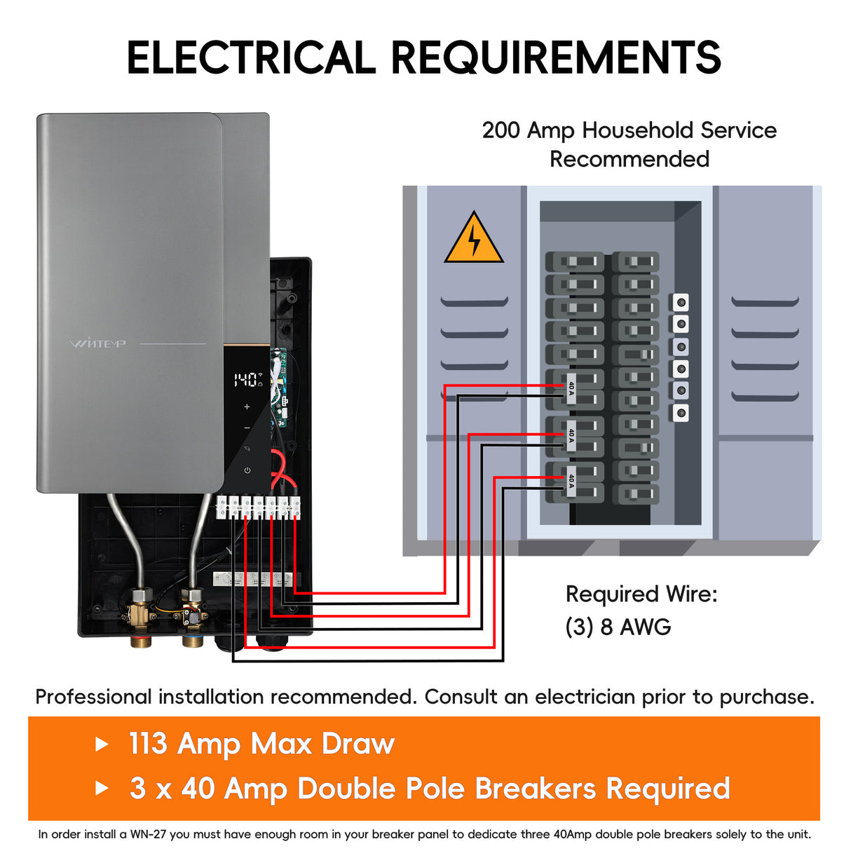 WN27 Gray 240V / 27KW  Whole House Water Supply Tankless Electric Water Heater